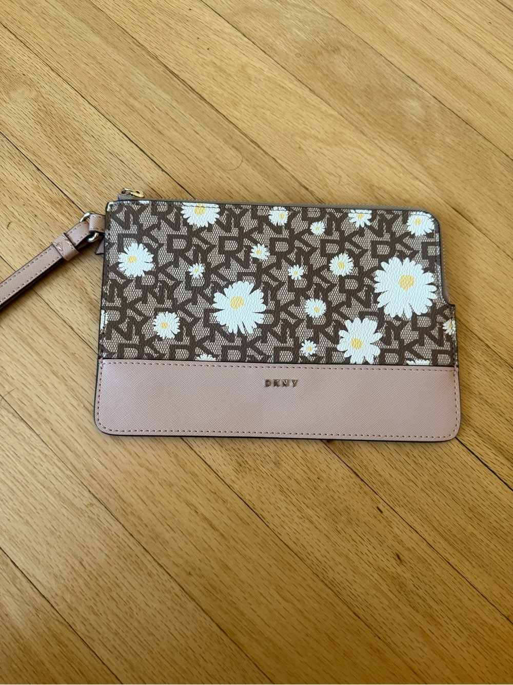DKNY Brown Logo Daisy Wristlet with Blush Trim